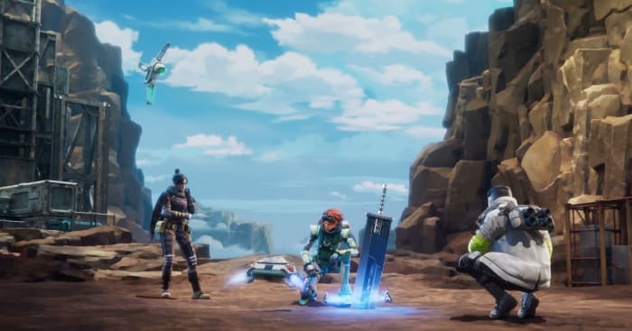 Wraith, Horizon and Crypto investigating Cloud's buster sword for the Apex Legends x Final Fantasy VII Rebirth cross over event.